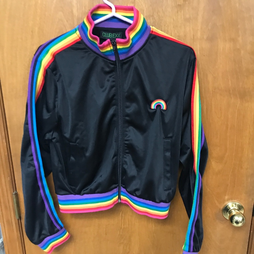 Club Exx Get Funky striped track jacket with rainbow embellishments Medium